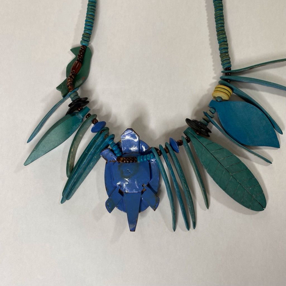 Vintage Wooden Turtle Parrot Necklace Blue Green 14" - Picture 5 of 12